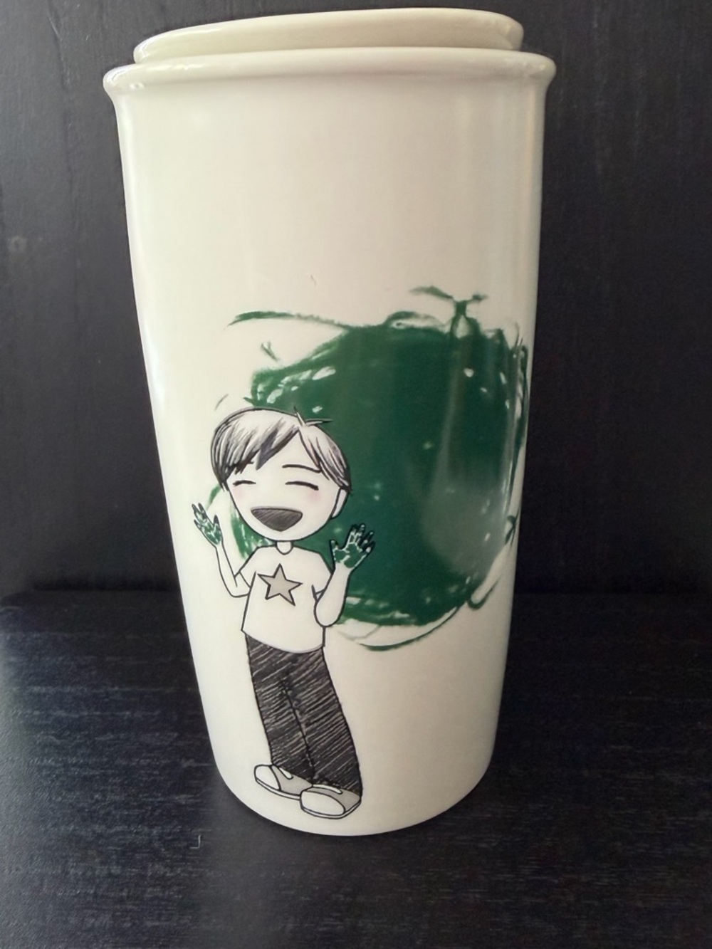 White Ceramic Tumbler with Playful Green Art Starbucks